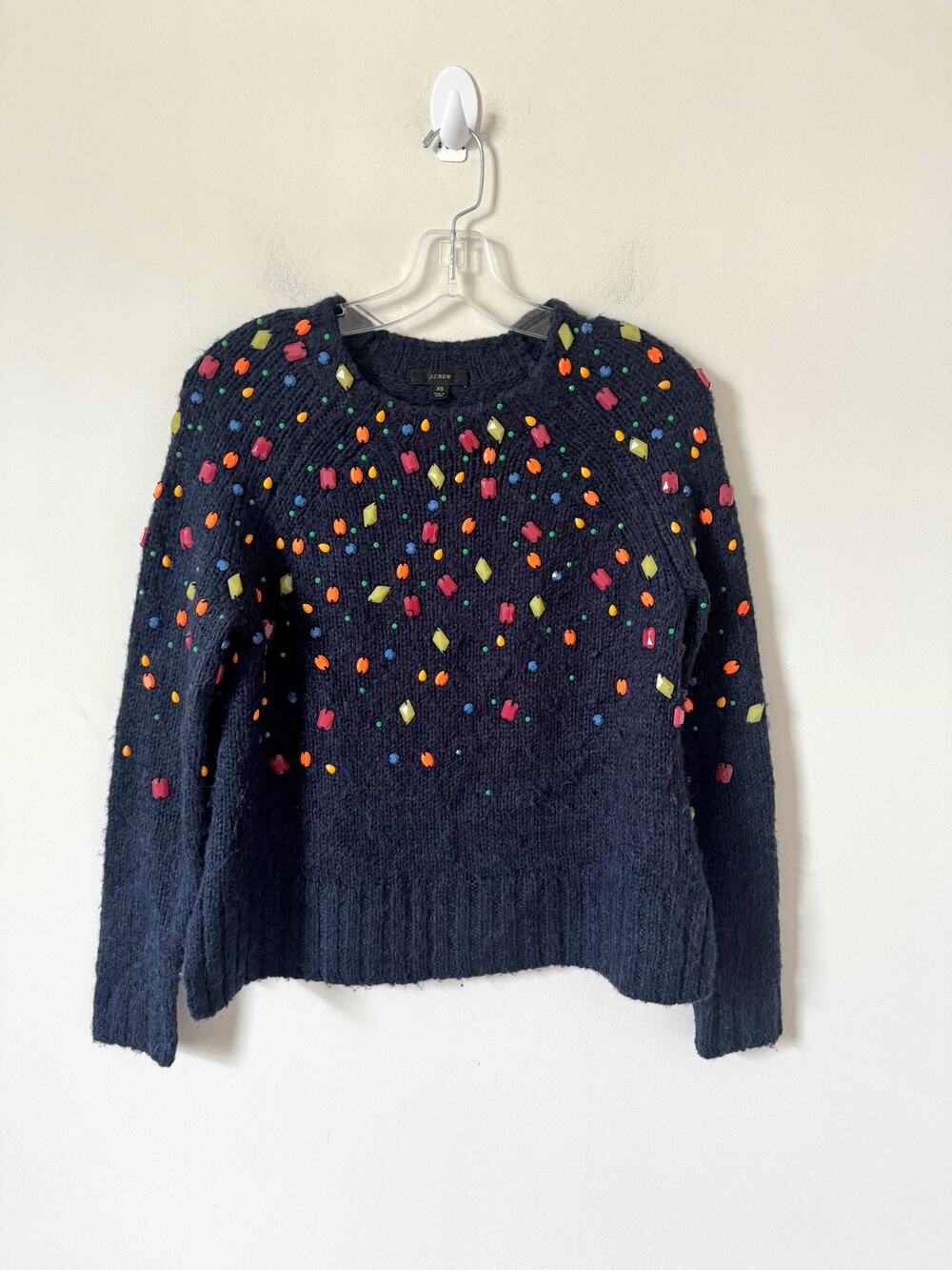 J. Crew Y2K 90s Beaded Jewel Alpaca Scoop Sweater Navy Blue Multi Size XS